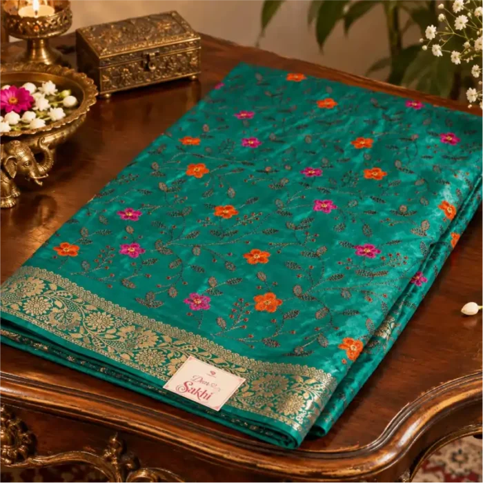 TEAL GREEN  FULL FLOWER THREAD WORK
