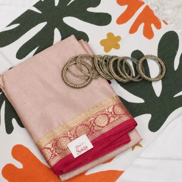 BLUSH PINK SAREE RED BORDER ZARI