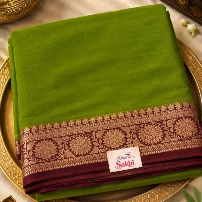 GREEN SAREE MAROON BORDER ZARI